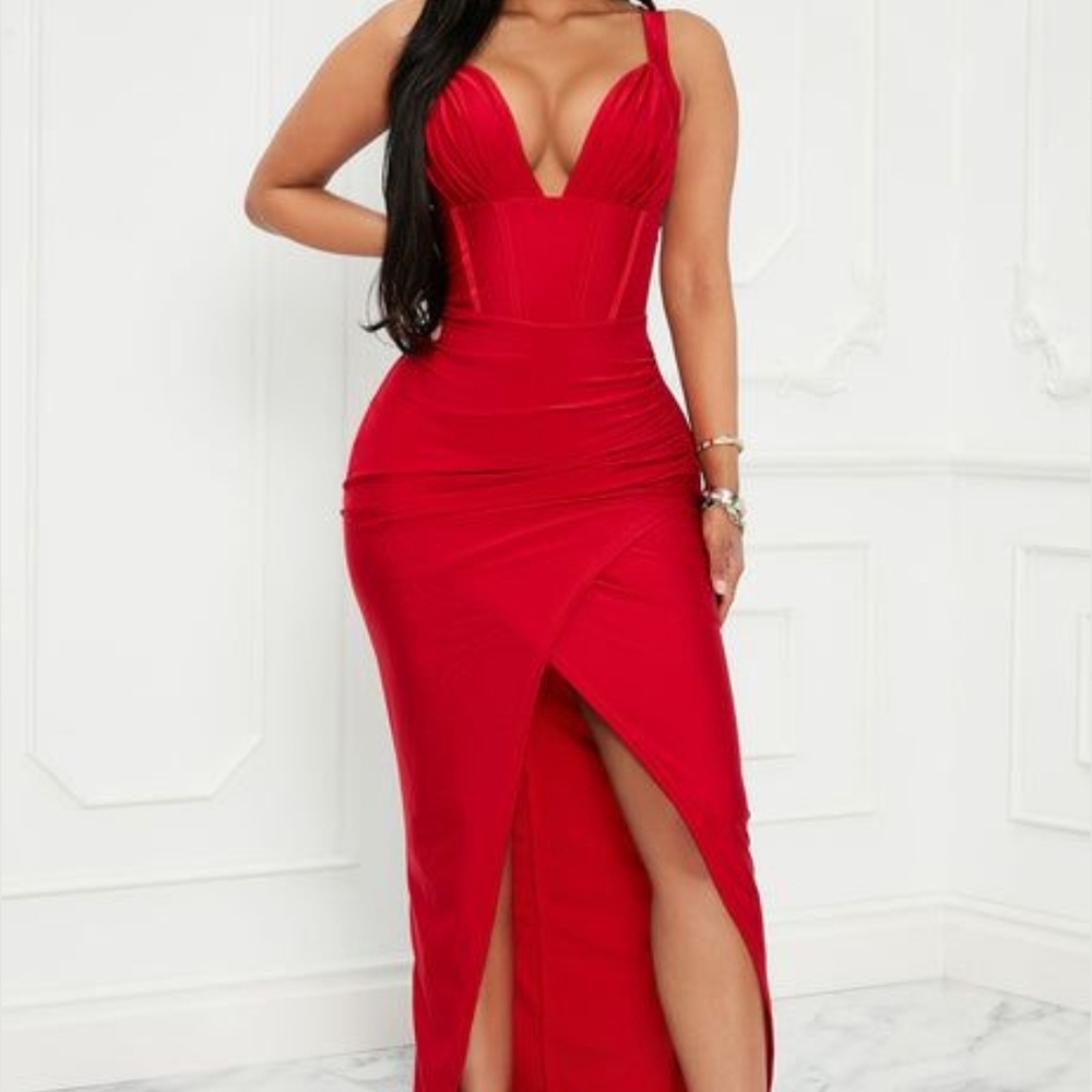 Fashion Nova Red Strapless Plunge Midi Dress - Picture 3 of 4